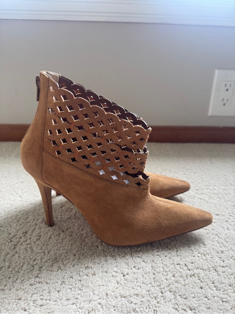 Manolo Blahnik Tan Suede Laser-Cut Pointed Ankle Booties